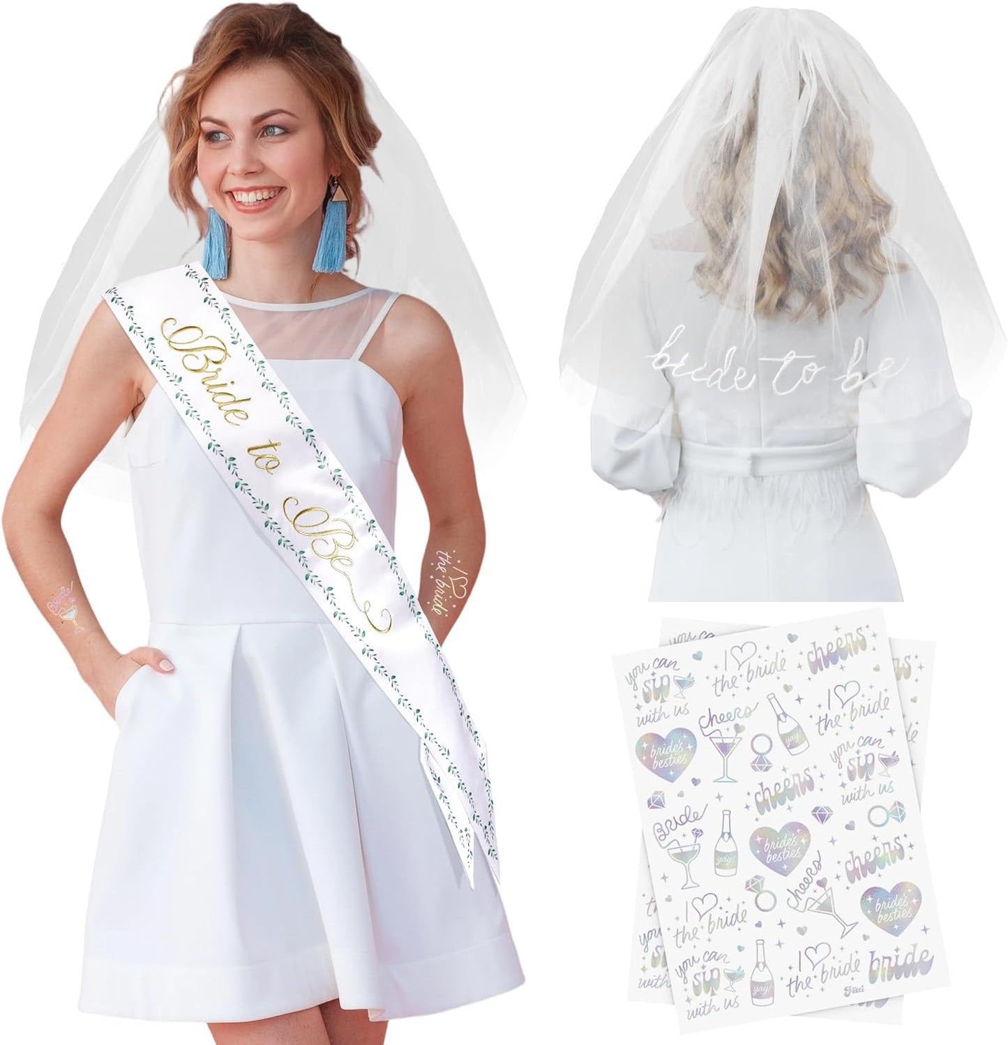 Luxury Bride to Be Sash Set – Embroidered Sash with Colored Trim, Embroidered Veil & Temporary Tattoos – Bridal Shower Hen Night Bachelorette Party Accessories