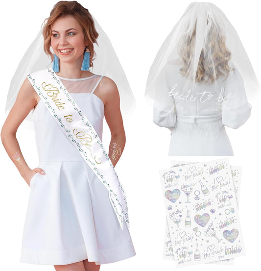 Luxury Bride to Be Sash Set – Embroidered Sash with Colored Trim, Embroidered Veil & Temporary Tattoos – Bridal Shower Hen Night Bachelorette Party Accessories