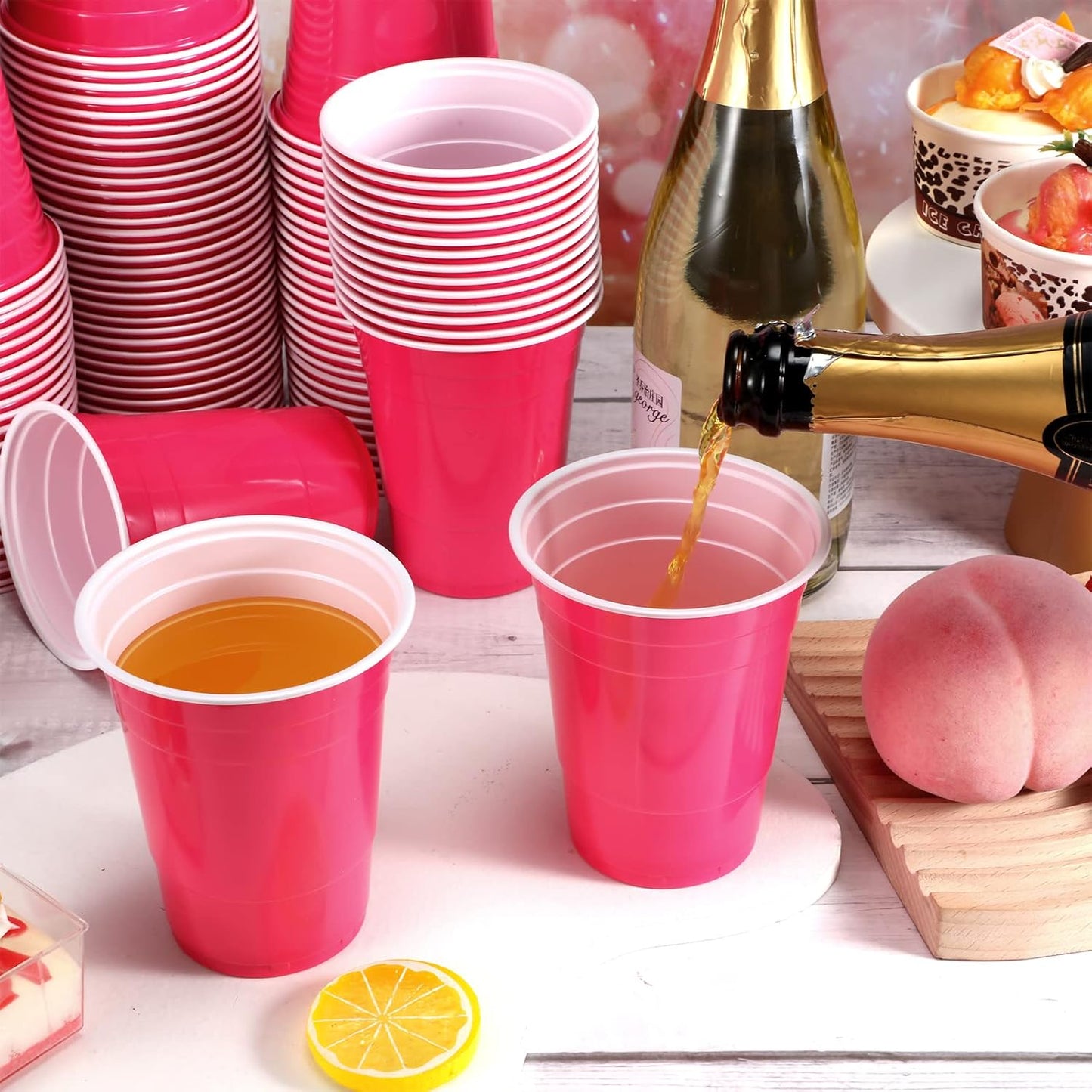 Lounsweer 100 Pack 16 Ounce Christmas Plastic Party Cups Disposable Heavy Duty Drinking Water Cups for Holiday Christmas Festival Wedding New Year Birthday Party Supplies(Pink)