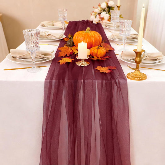Snowkingdom Burgundy Red Fall Thanksgiving Table Runner, 10 FT Sheer Gauze Tulle Cheesecloth Fabric, Boho Elegant Table Decoration for Home Party Wedding Birthday Baby Shower Christmas Holiday