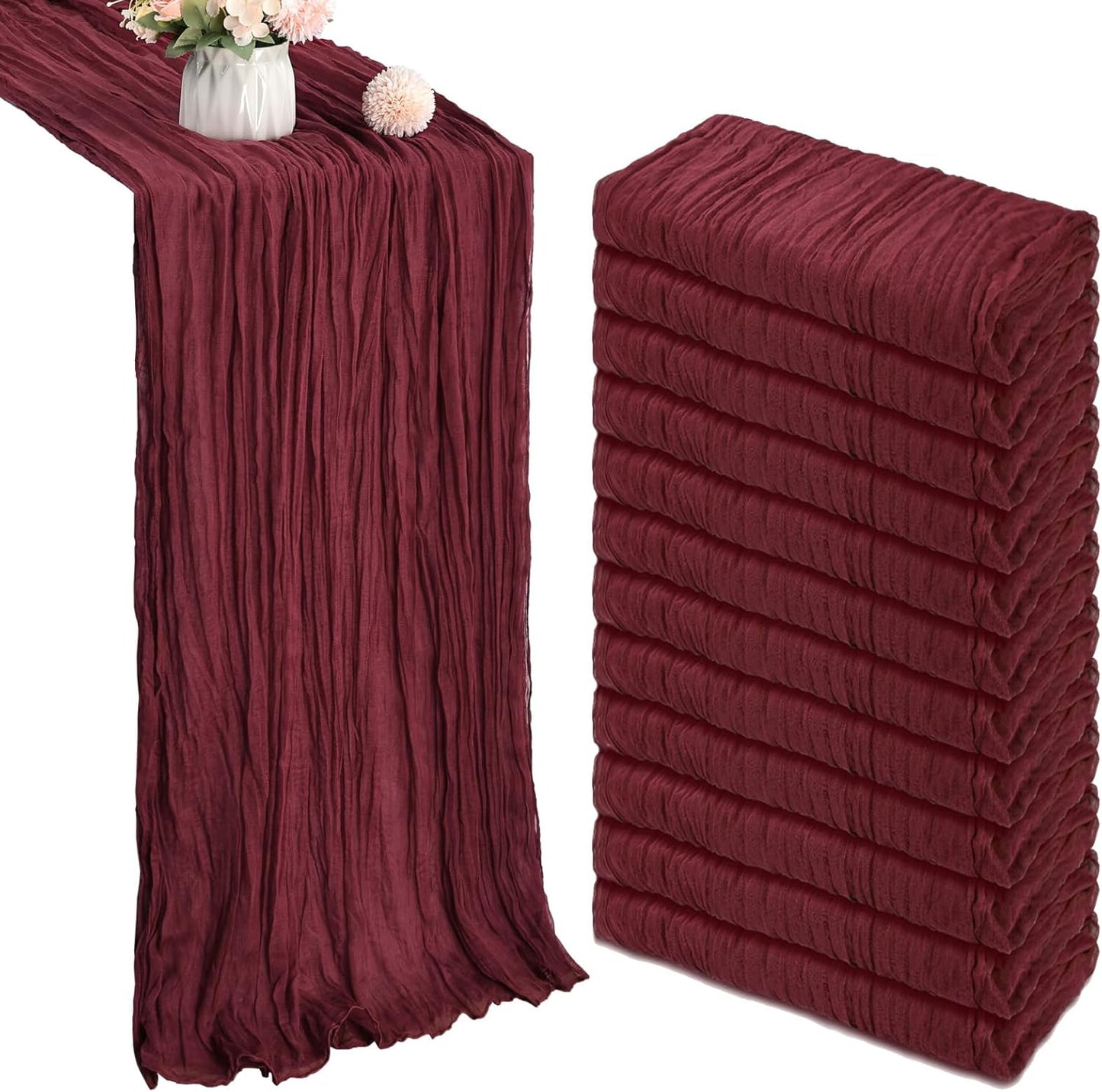 12 Pack 10FT Burgundy Christmas Cheesecloth Table Runner Table Runner 35x120 Inch Gauze Rustic Boho Cheese Cloth for Thanksgiving Wedding Decor Birthday Party Baby Shower Centerpiece Decoration