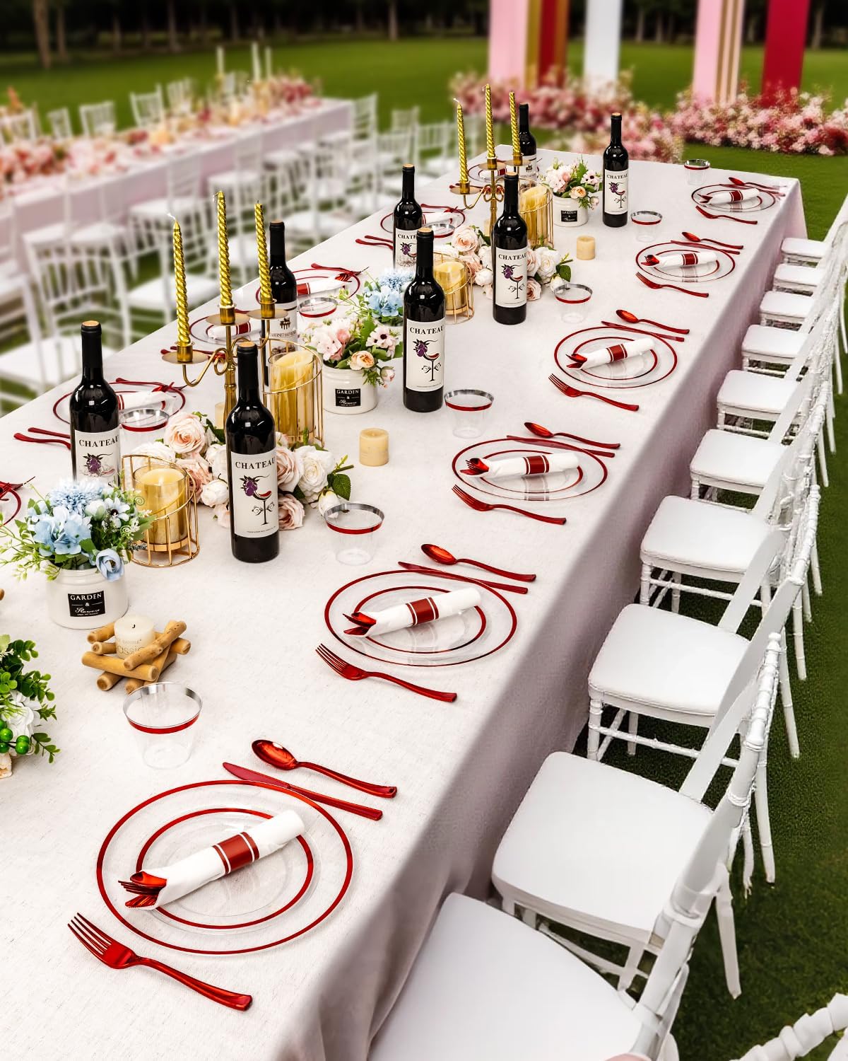 350PCS Plastic Plates for Party, Disposable Clear Red Dinnerware Sets for 50 Guests,100 Plastic Plates, 50 Cups,50 Pre-Rolled Napkins with Cutlery for Party, Thanksgiving, Christmas, Wedding