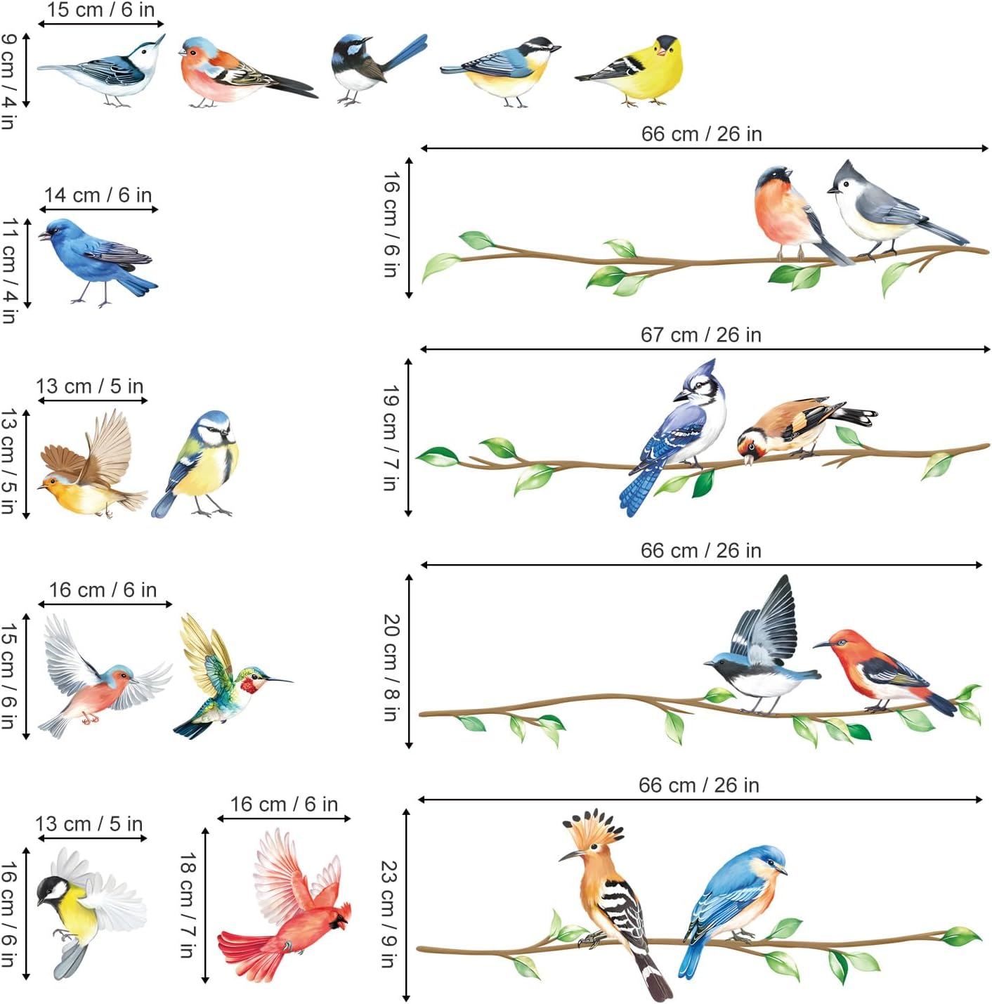 decalmile Birds on Branch Wall Decals Colorful Bird Wall Stickers Bedroom Living Room Office Kitchen Home Decor