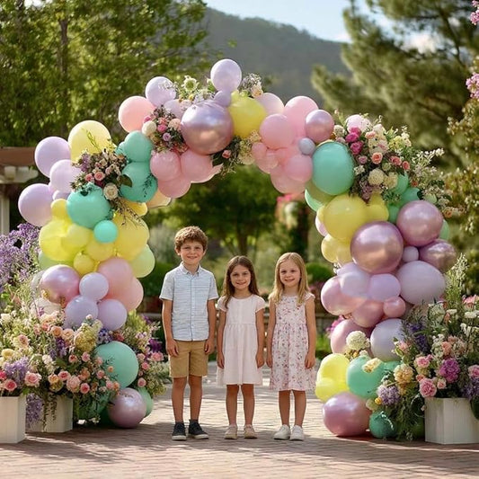 Pastel Balloon Garland Arch Kit Double Stuffed, Baby Pink Purple Yellow Green Balloons with Metallic Lilac Latex for Baby Shower Princess Birthday Spring Easter Flower Fairy Party Decoration