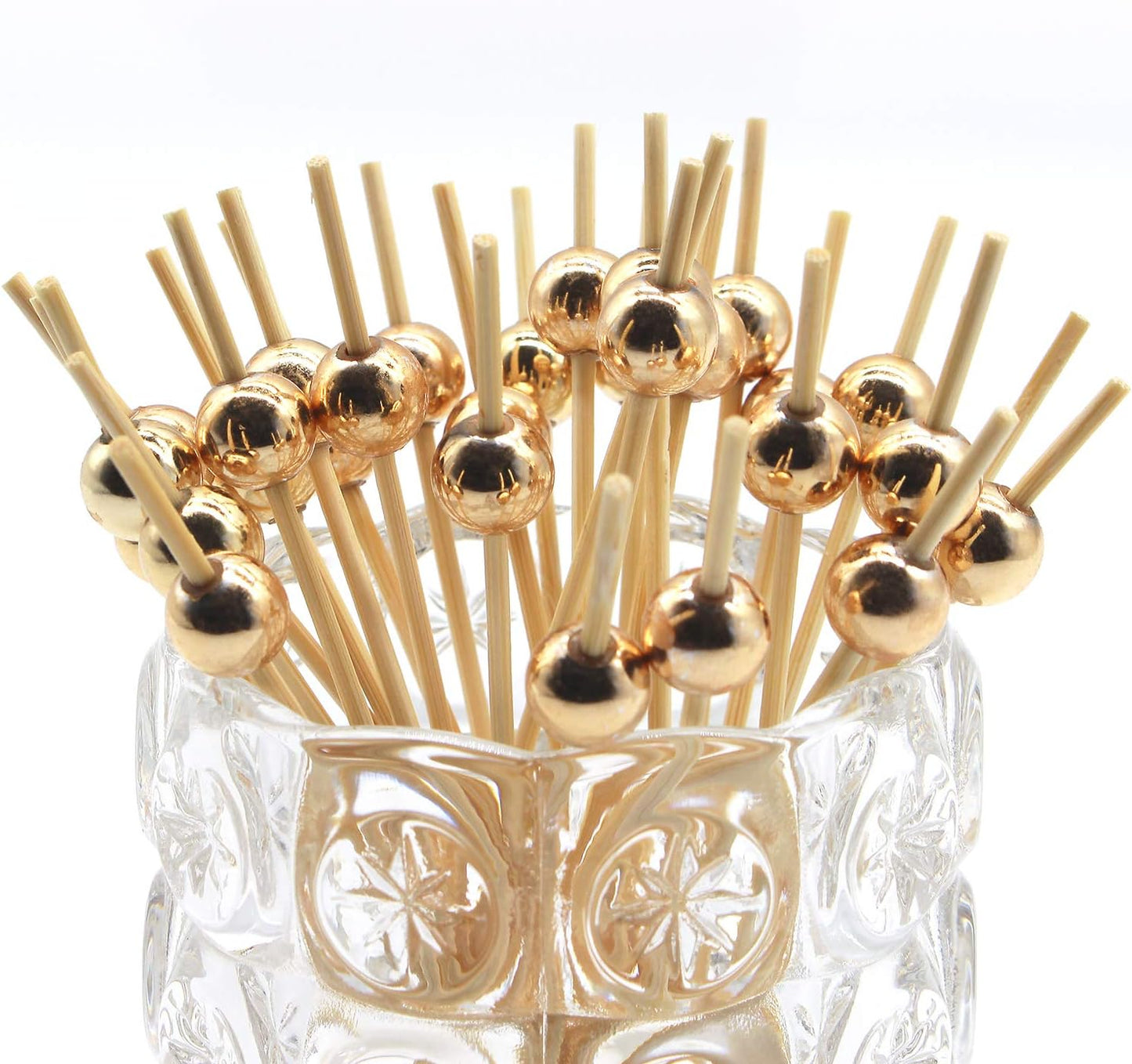 Minisland Gold Pearl Cocktail Picks, 4.7 Inch Long Bamboo Fancy Toothpicks for Appetizers, Decorative Christmas New Year Holiday Party Food Drink Garnish Fruit Kabob Skewer Sticks 100 Counts - MSL150