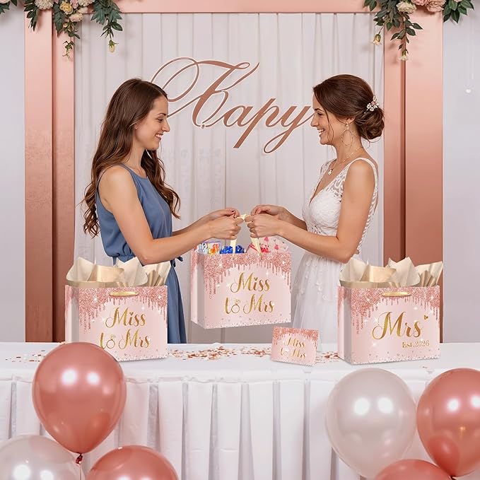 Bridal Shower Gift Bag Wedding Miss to Mrs Gifts Bag with Tissue and Card Bridal Shower Gift Wrapping Paper Bag Rose Gold Wedding Gift Bags Bride Engagement Bachelorette Party Bag Bride to Be Gifts