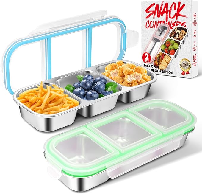 2 Pack Stainless Steel Snack Containers with Lids - Reusable 3 Compartment Snackle Box Container Divide Wet Dry Leakproof Metal Food Storage Containers for School, Home, Travel (Blue + Green)
