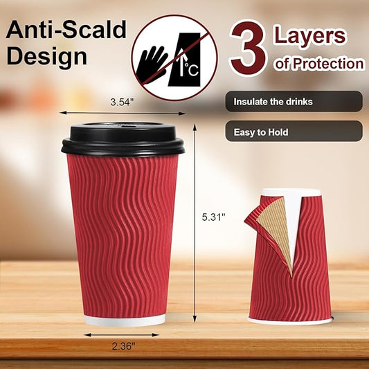 Lamosi 16 oz Red To go Coffee Cups with Lids 50 Pack, Disposable Coffee Cups, Paper Hot Cup with Lid for Party and Reception - Red