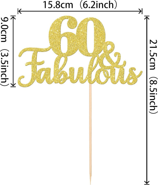 1 PCS 60 & Fabulous Cake Topper Gold Glitter 60th Birthday Anniversary Cake Pick Decoration for 60th Birthday Wedding Anniversary Party Decorations Happy 60th Birthday Cake Decorations Supplies