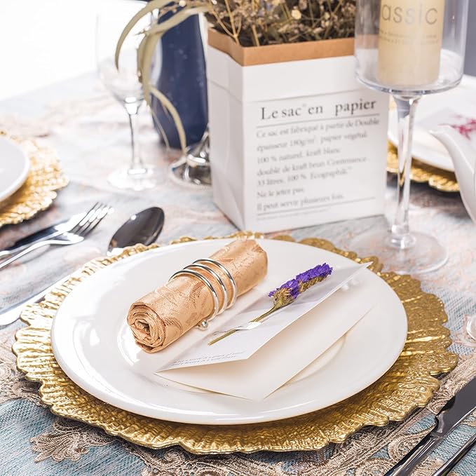 MAONAME Round 13" Gold Charger Plates, Set of 6, Reef Plate Chargers for Dinner Plates, Plastic Table Chargers for Wedding, Thanksgiving, Christmas