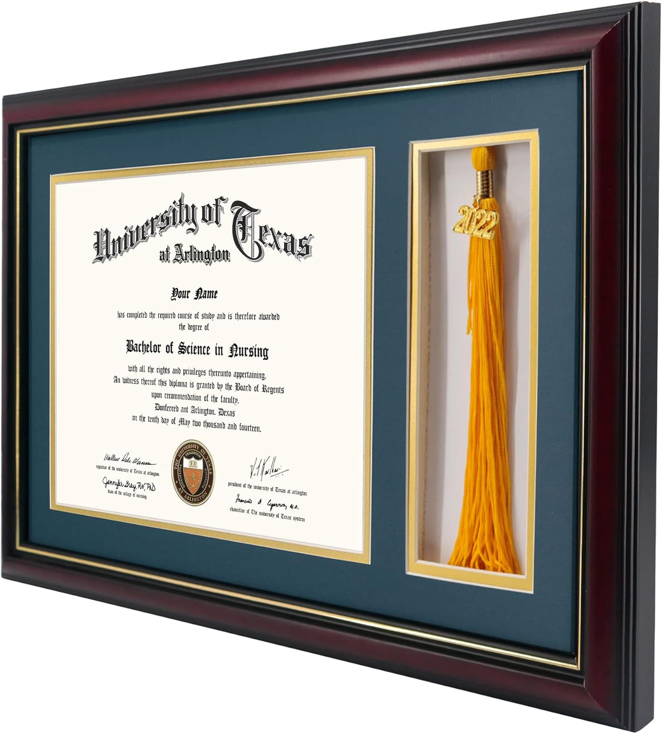 GraduationMall 11x17 Cherry Wood Diploma Frame with Tassel Holder for 8.5x11 Certificate Document,Real Glass,Navy Blue over Gold Mat