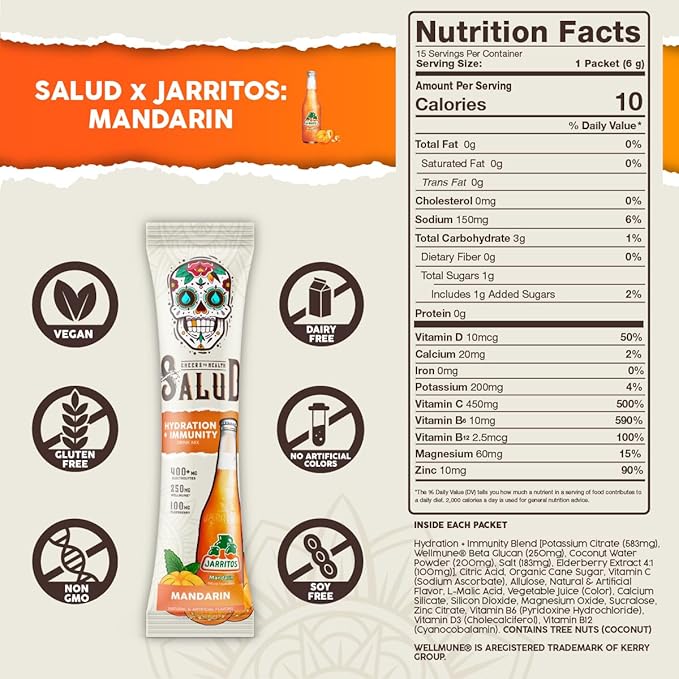 Salud x Jarritos 2-in-1 Hydration Packets + Immunity Electrolytes Powder, Mandarin - Agua Fresca Drink Mix, Elderberry, Dairy & Soy Free, Non-GMO, Gluten Free, Vegan, 1g Sugar (15 Servings)