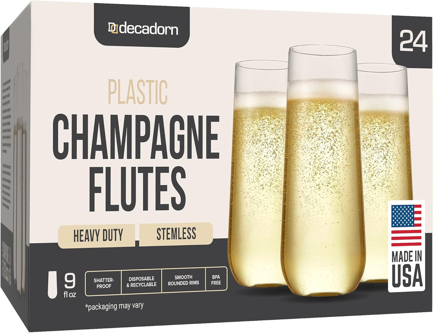 DECADORN Clear Stemless Champagne Flutes Plastic 24 Pack - 9oz Plastic Champagne Glasses - Durable and Sturdy Mimosa Glasses For Parties - Shatterproof, Recyclable, BPA-Free, Smooth Rims.
