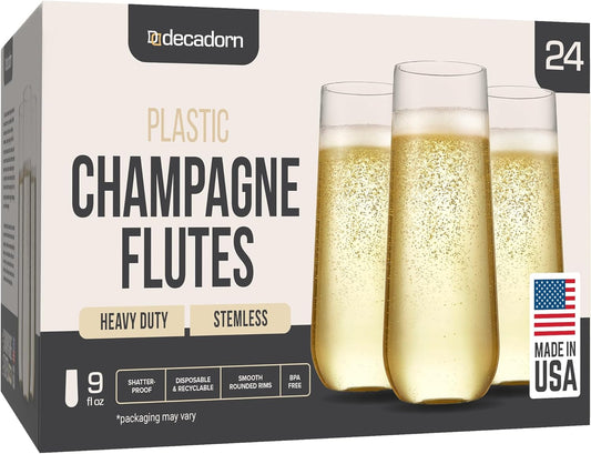 DECADORN Clear Stemless Champagne Flutes Plastic 24 Pack - 9oz Plastic Champagne Glasses - Durable and Sturdy Mimosa Glasses For Parties - Shatterproof, Recyclable, BPA-Free, Smooth Rims.