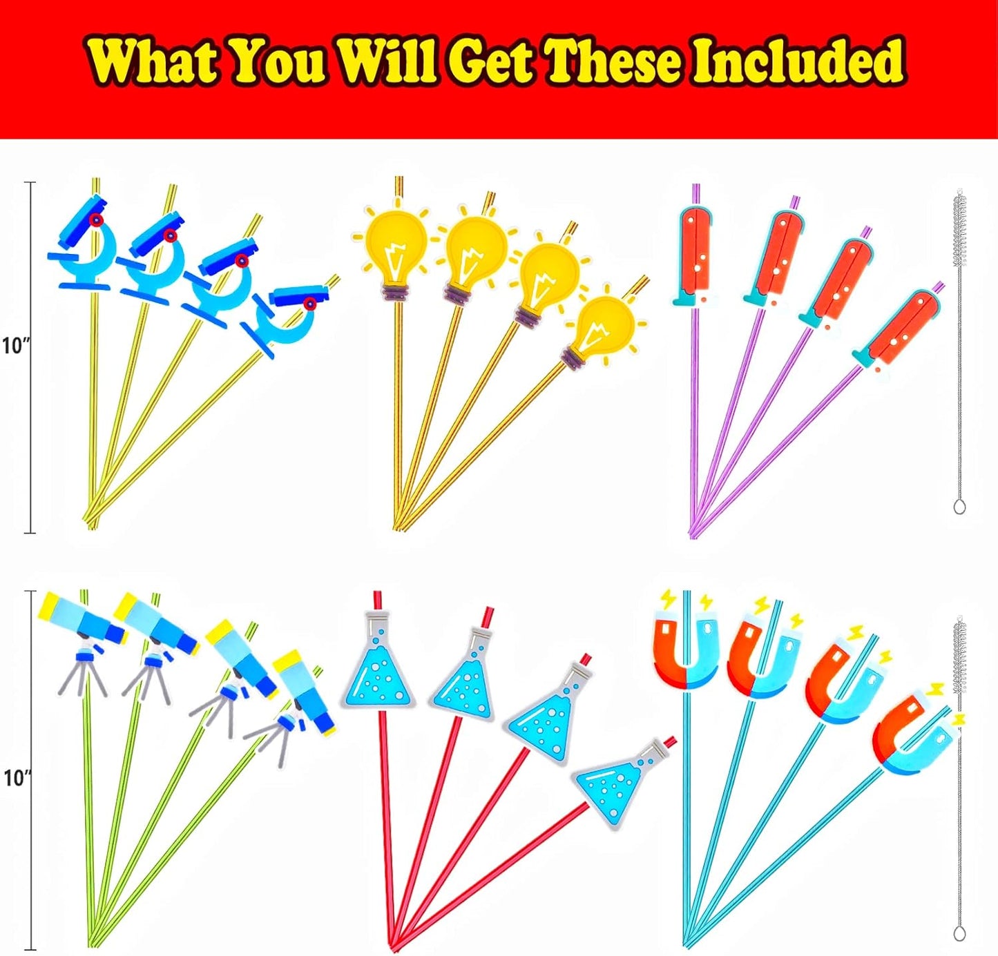 24pcs Science Theme Straws 6 Colors Reusable Plastic, Drink Cocktail Straws with Cartoon Decorations Mad Scientist Party Supplies Birthday Party Favors