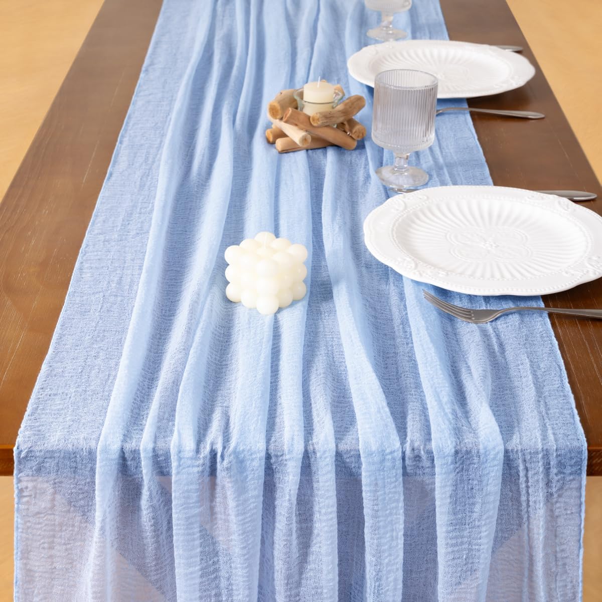 Socomi Blue Fall Thanksgiving Gauze Cheesecloth Table Runner 120 Inch Rustic Boho Cheese Cloth Runner for Wedding Party Baby Bridal Shower Centerpiece Decoration Holiday Home Decorations