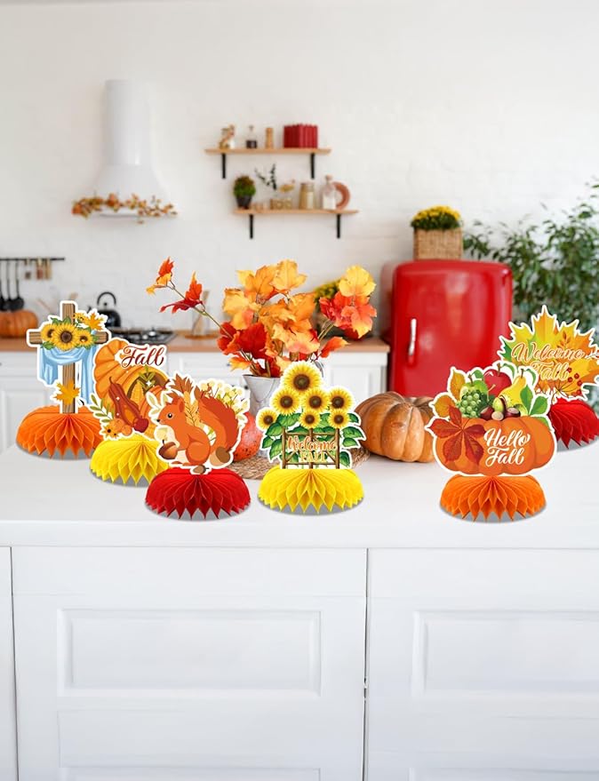 Fall Table Decorations - 9Pcs Fall Honeycomb Centerpieces for Tables with Pumpkins, Sunflowers, Scarecrow, Squirrel for Thanksgiving Dinner, Autumn Harvest Festival, Rustic Fall Party Decorations