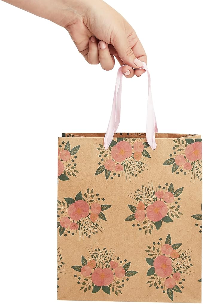Juvale Floral Gift Bags - Reinforced Bottom & Ribbon Handles - Party Favor Bags - 8 x 4 x 9 in, Pack of 24, Pink