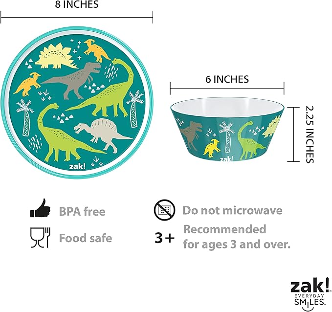 Zak Designs 5-Piece Dinnerware Set, Dinosaur - Durable Plastic & Stainless Steel - Includes Water Bottle, 8-Inch Plate, 6-Inch Bowl, Fork & Spoon - Suitable for Kids Ages 3+