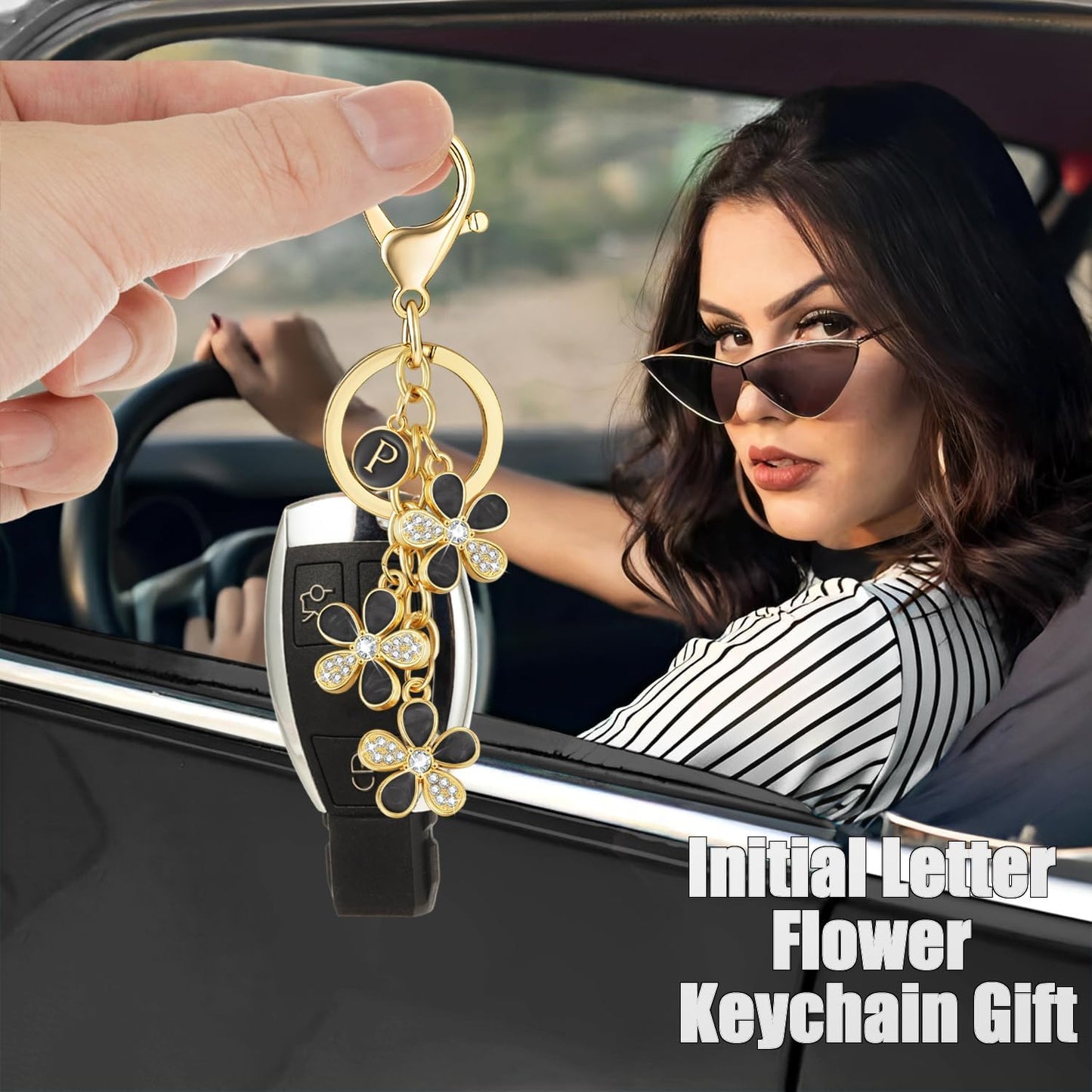 XGALBLA Cute Flower Crystals Rhinestone Initial Letter Keychain for Women, Bag Charms Bling Sparkly Enameled Keychain Handbag