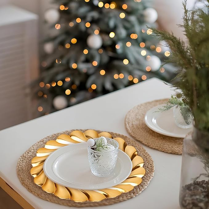 6 PCS 13 Inch Gold Charger Plates, Round Plastic Dinner Plate Chargers, Reusable Decorative Placemats for Wedding, Party, Holiday Table Setting
