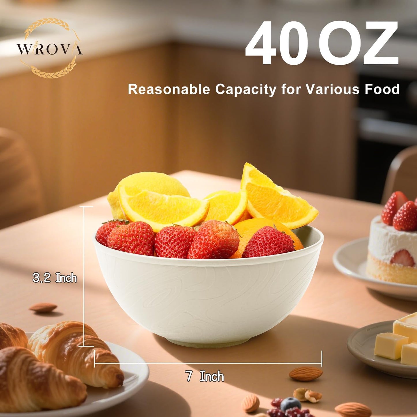 Wrova Beige Wheat Straw Bowls for Cereal and Salad,Alternative Plastic Bowls Set of 6,40oz Unbreakable Soup Bowls suitable for Kitchen,Party,Camping and R.V.