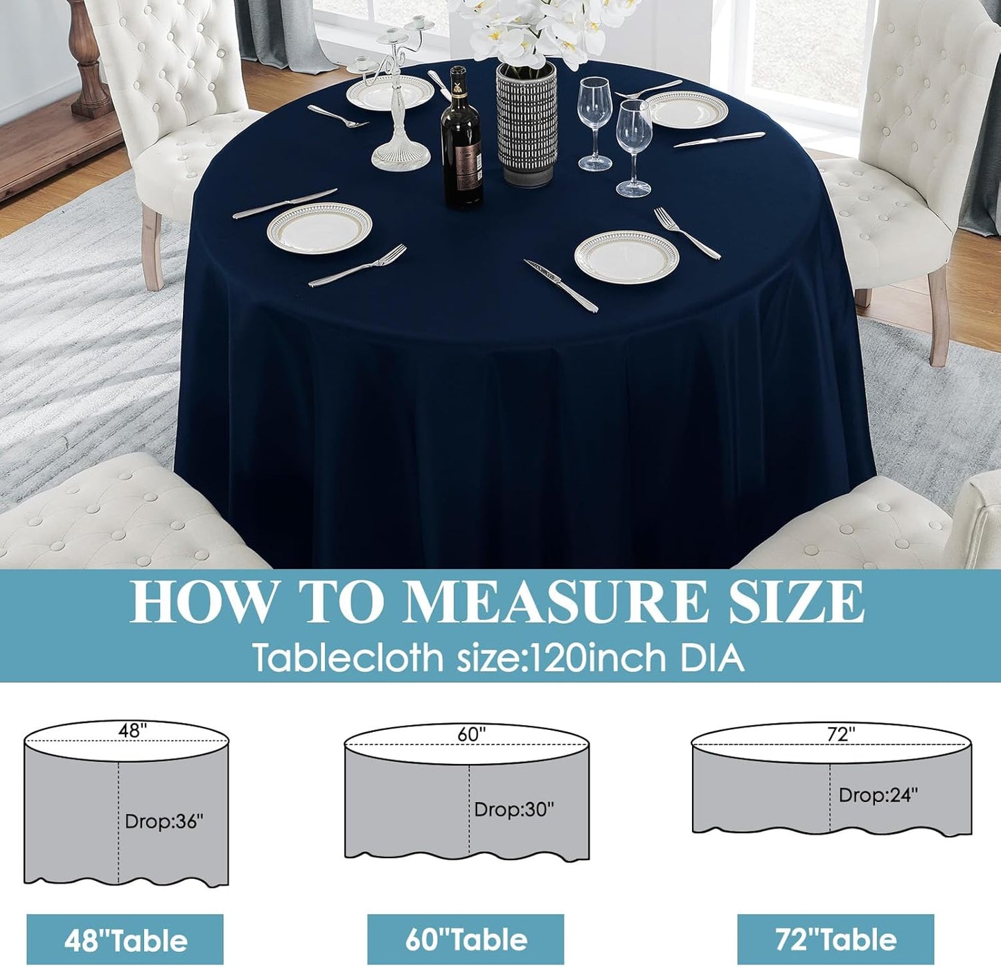 VidaFete Tablecloth 6 Pack 120inch Round Table Cloth Polyester, Stain Wrinkle Resistant Polyester Dining Table Cover for Kitchen Dinning Party Wedding Round Tabletop Buffet Decoration(Navy Blue)