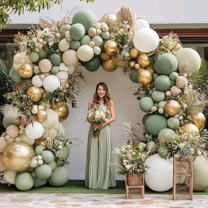 Dusty Green White Gold Balloon Garland Double Stuffed Light Sage Green White Sand Beige Balloon Arch Kit Olive Cream Metallic Balloons for Baby Bridal Shower Birthday Wedding Wild One Party Decor