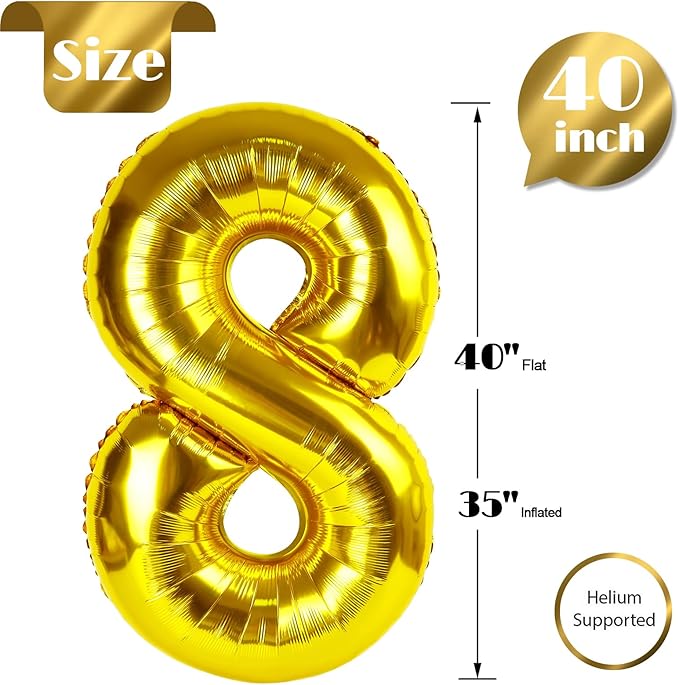 Gold 8 Balloon, Number Balloon 40 Inch, Gold Birthday Decorations, 8 18 28 38 80 Birthday Balloons, 8th Gold Party Supplies, Number 8 Balloon