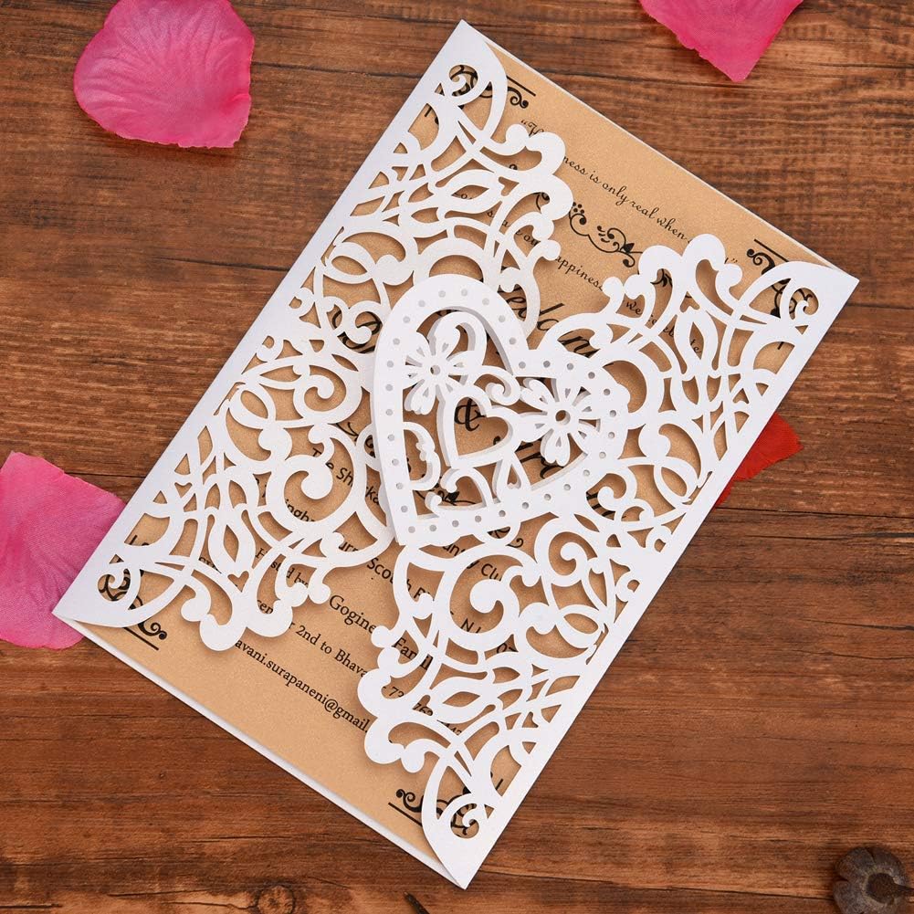 FOMTOR White Laser Cut Wedding Invitations Kits 50 Packs Laser Cut Wedding Invitations with Blank Printable Cards and Envelopes for Wedding,Birthday Parties,Baby Shower