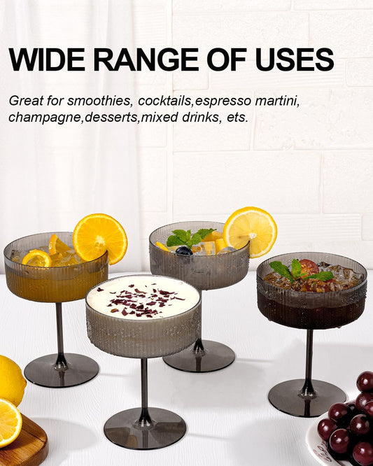 Ciaell 12PCS Plastic Ribbed Martini Glasses - 10 Oz Black Disposable Coupe Glasses with Stem - Heavy Duty Margarita Cups for Bars, Cocktails, Whiskey, Parties & Wedding & New Year