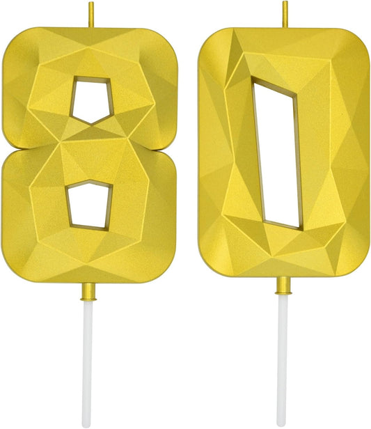 DERVENTA Large Birthday Candle Number 3D Gold 3.7 inch Party Celebration Anniversary Decoration Cake Topper 1 Piece (Number 80 Gold)