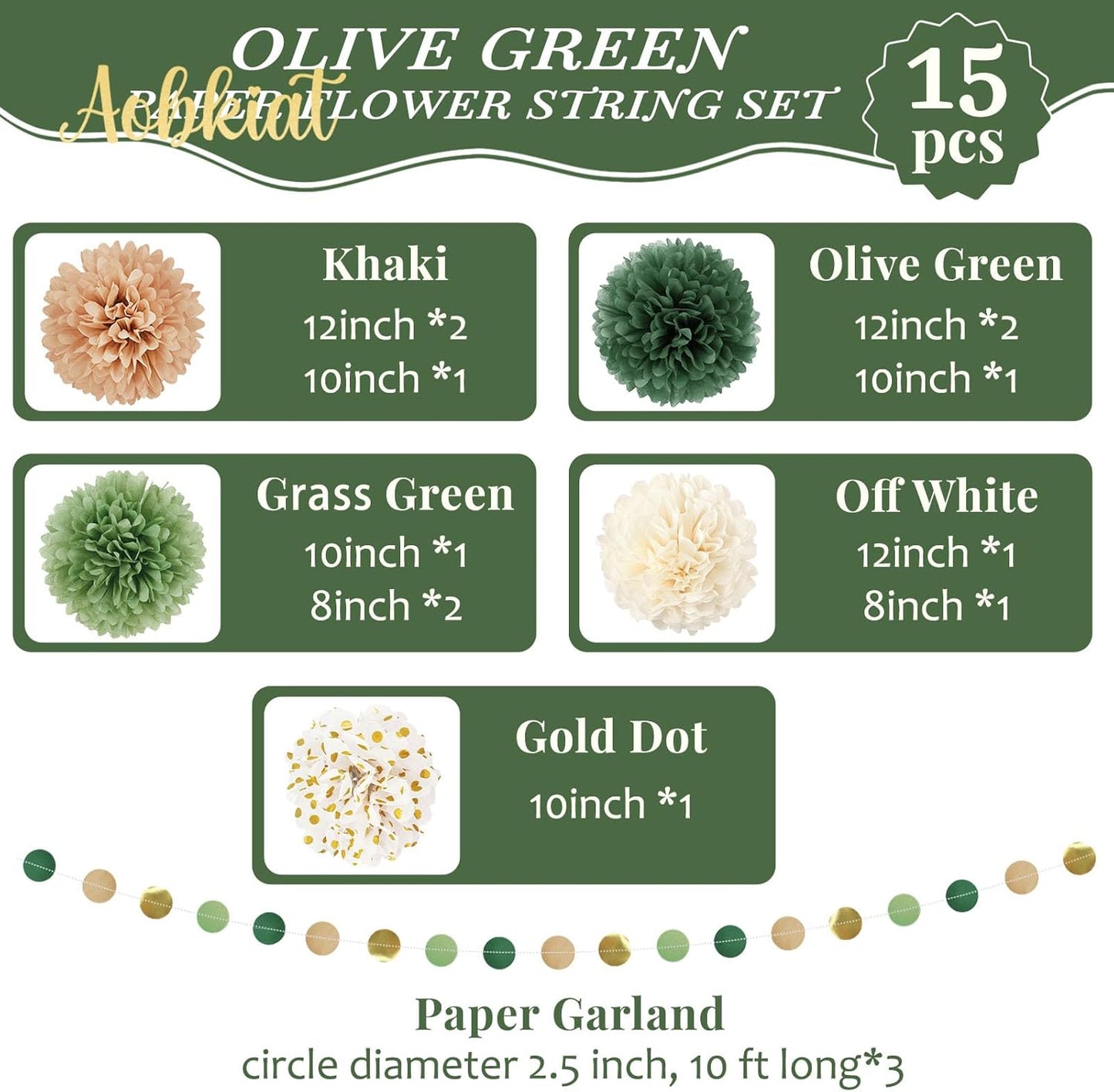 AOBKIAT Wedding Party Decorations Set,15PCS Green Tissue Paper Pom Poms,Dots Paper Garland String Hanging Backdrop for Engagement,Green Boho Wedding,Baby Shower