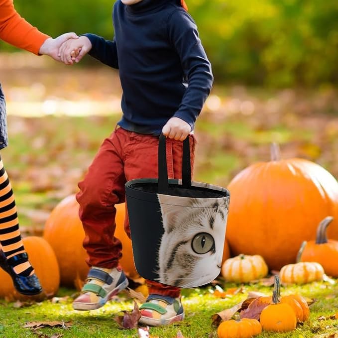 Halloween Candy Bucket - Floral Cat Trick Or Treat Candy Bag, Gift Bag for Party Favor Supplies