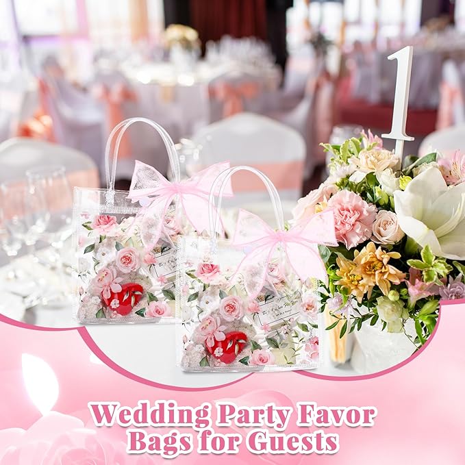 Wesnoy 24 Pcs Clear Floral Gift Bags with Handles Rose Pink Flower PVC Treat Tote Bag for Tea Birthday Party Wedding Bridal Shower Bachelorette Anniversary Engagement Guests, 6.3 x 5.9 x 3.2 Inch