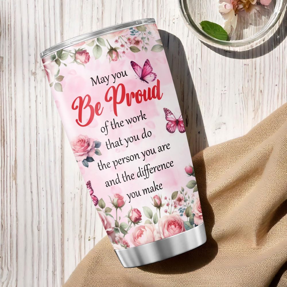 Inspirational Quote Tumbler for Women 20oz, Floral Butterfly Design Stainless Steel Insulated Cup, Motivational Gift for Coworker, Friend, Teacher, Mom, Appreciation Present
