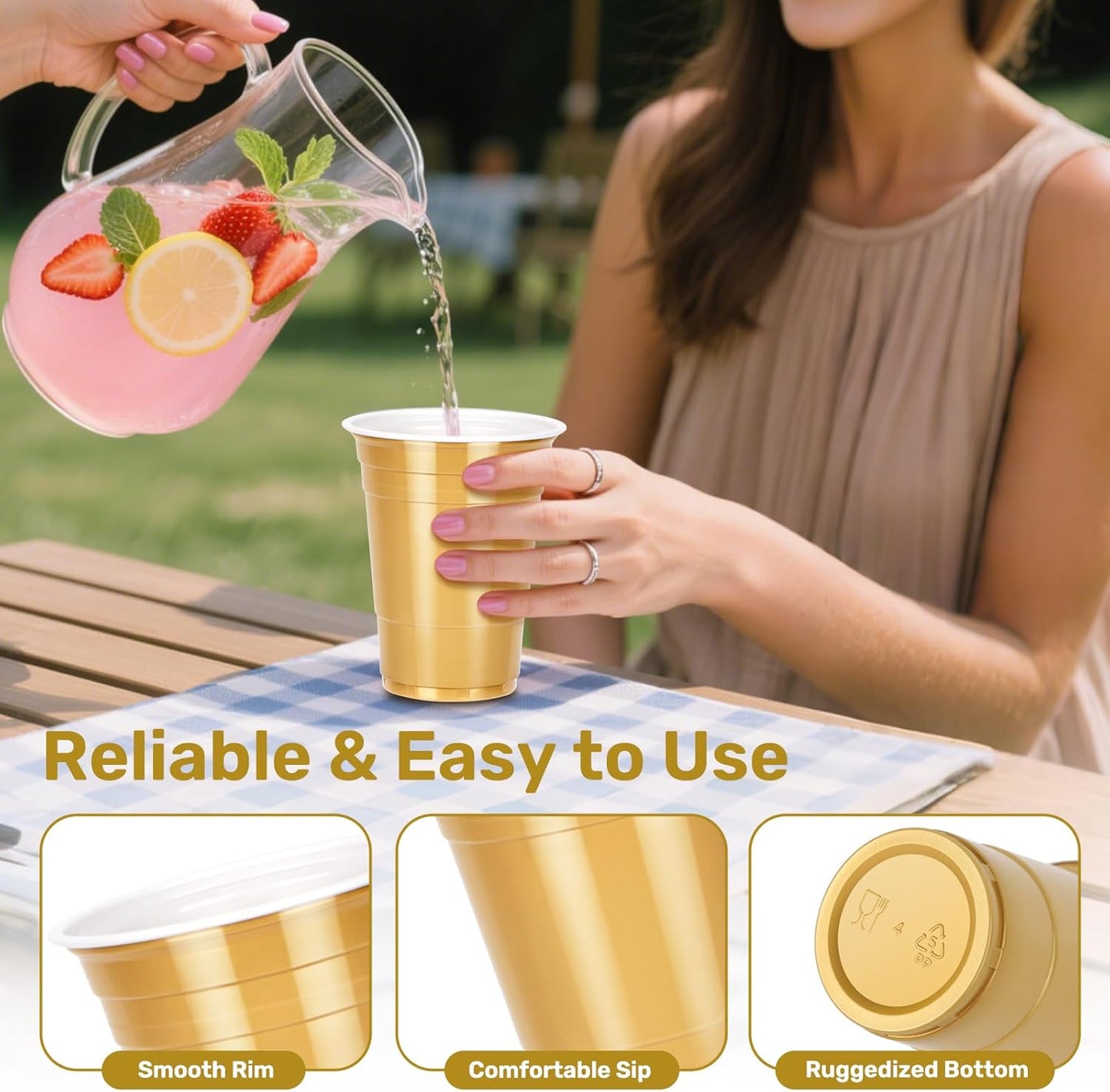 100PCS Black and Gold Plastic Cups, 16oz Disposable Party Cups Bulk Pack, BPA Free Drinkware for Soda Juice Beer Cold Drinks Suitable for Wedding Halloween Thanksgiving Christmas Birthday Celebrations
