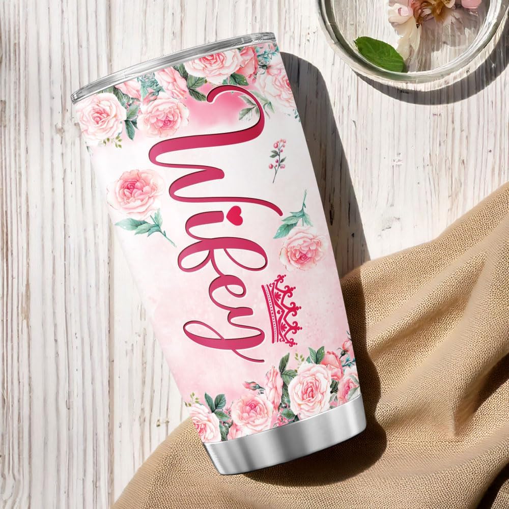 Romantic Floral Wife Gift Tumbler, Rose Design with Funny Nutrition Facts, 20oz Insulated Stainless Steel Cup for Her, Ideal Anniversary, Birthday, Valentine or Christmas