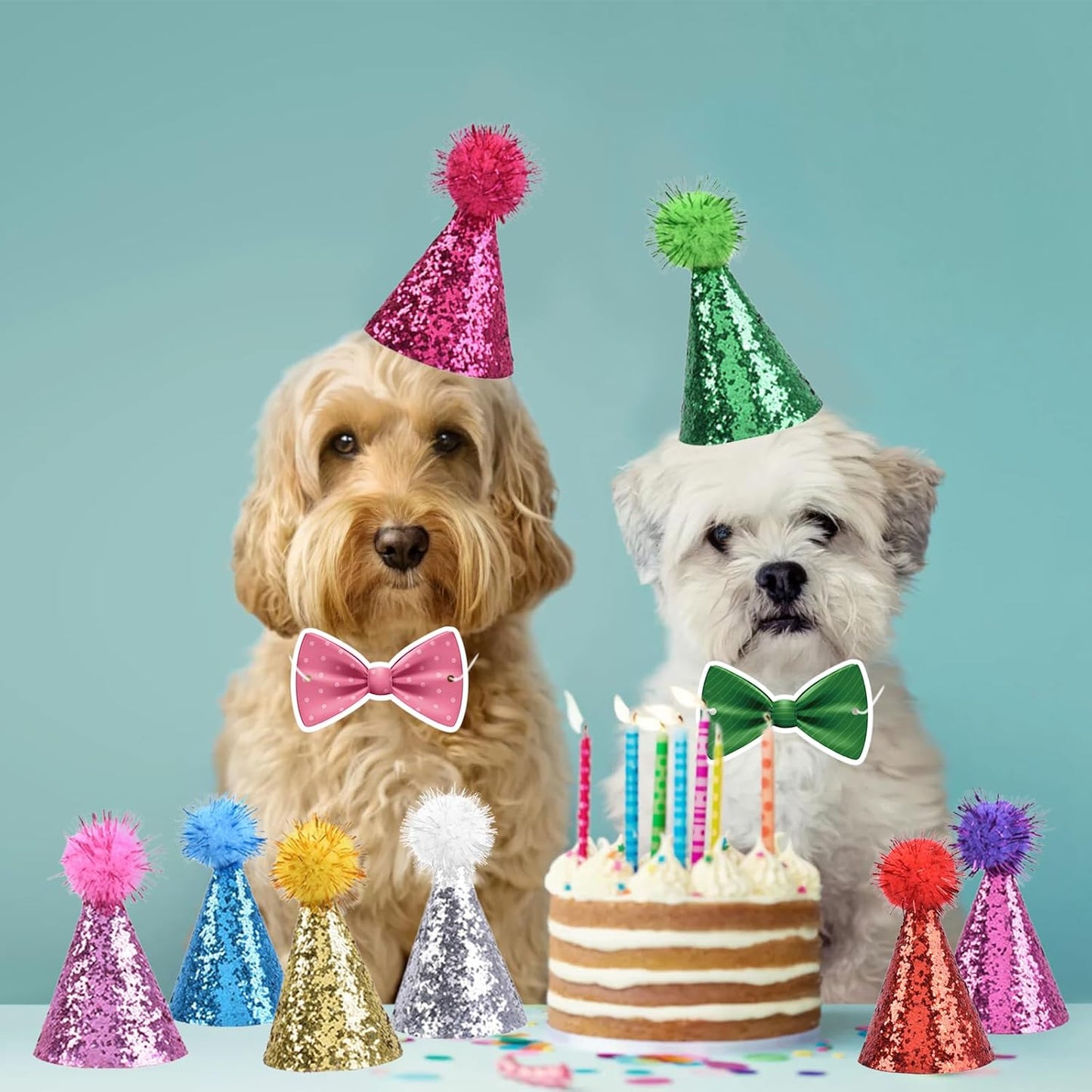 delaimastor Mini Party Hats with Bow Tie for Stuffed Animals, 10 Pack, Reusable Cone Hats with Pom Poms, Birthday Cake Toppers
