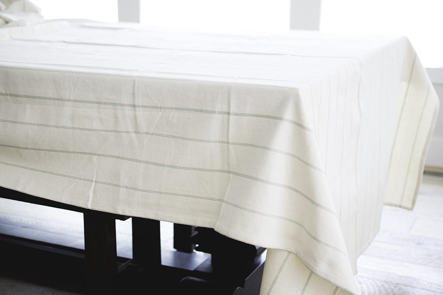 60x120 in Cotton Linen Tablecloth – Rectangular Dining Table Cover with Elegant Pattern for Kitchen, Weddings, Parties, Picnic and Everyday Decor – Green Stripe/Natural