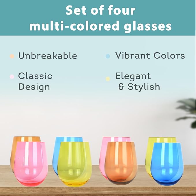 Lily's Home Set of 8 Shatter-Resistant Acrylic Stemless Wine Glasses - 14 oz for Poolside, Parties, Patio & Outdoor Indoor Use, BPA-Free Plastic Drinkware in Mixed Colors