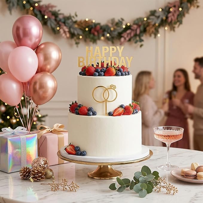 27PCS Wedding Cake Topper, Diamond Ring Cakes Topper, Acrylic Cake Letters A-Z, Personalized Bride and Groom Initial Sign Anniversary Baby Shower Party Birthday Supplies (Gold)