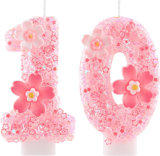 Cherry Blossom Pink Number 10 Birthday Candle, 2.8in Cute Shiny Happy 10th Birthday Candle with Tray & Stick Girls 10 Candle for 10 Birthday Ideal Birthday Parties Cake Decoration & Gifts