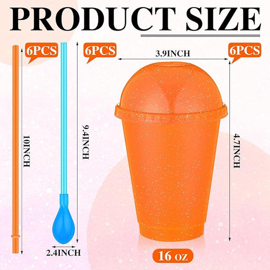 6 Set Slushie Cups with Dome Lids and Straws Detachable Spoon Straws Reusable Plastic Iced Coffee Cups Smoothie Tumbler for Birthdays Summer Party Supplies(Orange,16 oz)