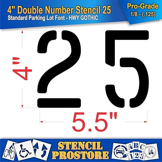 Pavement, Curb, and WheelStop Stencils - 4 inch Double Number Stencil - (25) - 4" x 5.5" x 1/8" (128 mil) - Pro-Grade