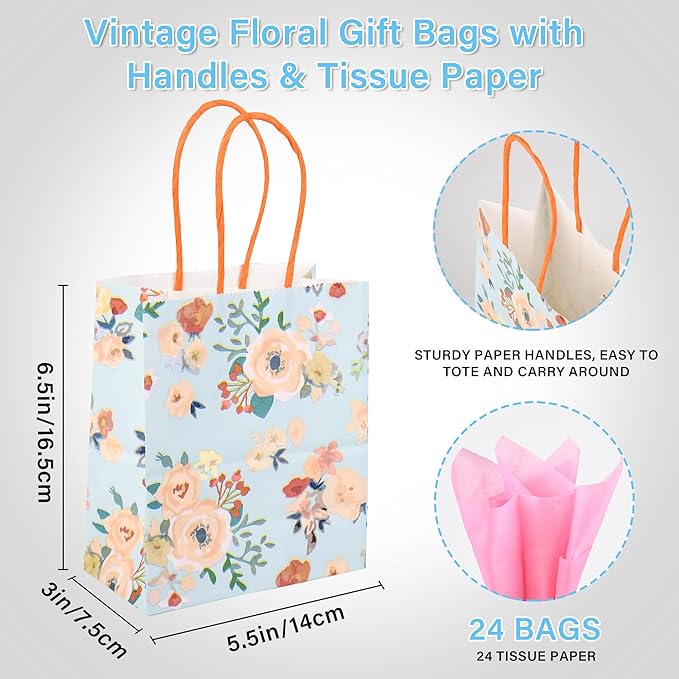 24 Pack Mini Floral Paper Gift Bags Small Green Party Favor Bags with Handles and Pink Tissue Paper for Wedddings, Bridal Baby Showers, Birthdays, Tea Parties 6.5x5.5x3 Inch (Spring Flowers)