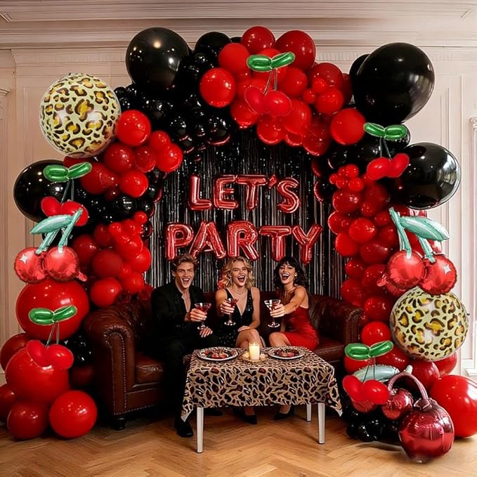 Red Black Balloon Arch Kit Double Stuffed Burgundy Black Maroon Balloon Garland Cherry Cheetah Print Balloons for Birthday Bridal Baby Shower Mother's Day Bachelorette Graduation Party Decorations