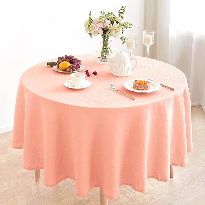 Linen World Linen Tablecloth,100% French Flax Round Tablecloth 70" Inch,Washable Natural Table Cloth for Dining,Outdoor,Weddings and Restaurants,Decorative Christmas,Peach Pink