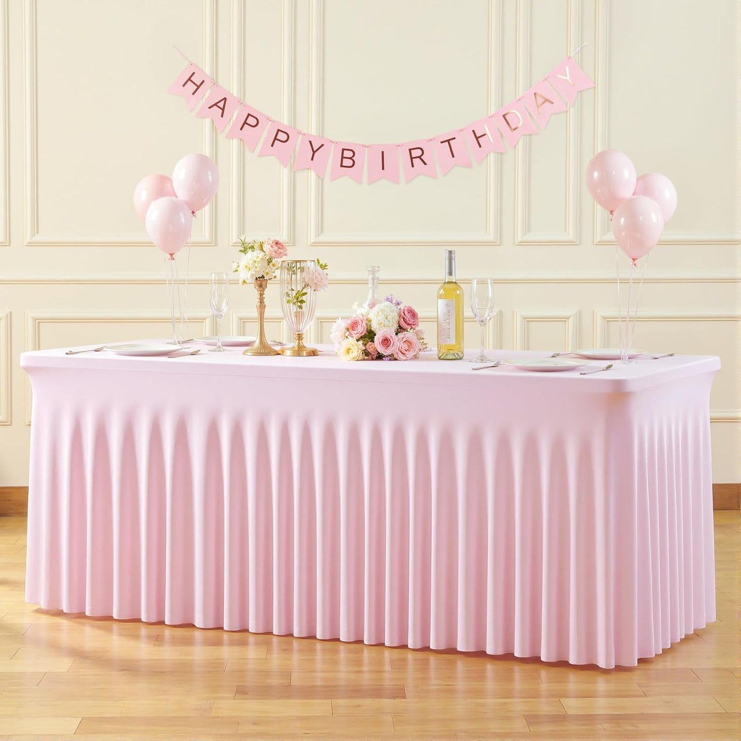Suppromo 8ft Pink Spandex Table Cloths for Rectangle Tables Wrinkle Free Pink Rectangle Tablecloths Stretch Fitted Table Cover with Skirt for Baby Shower Girl Birthday Party Wedding Banquet Buffet