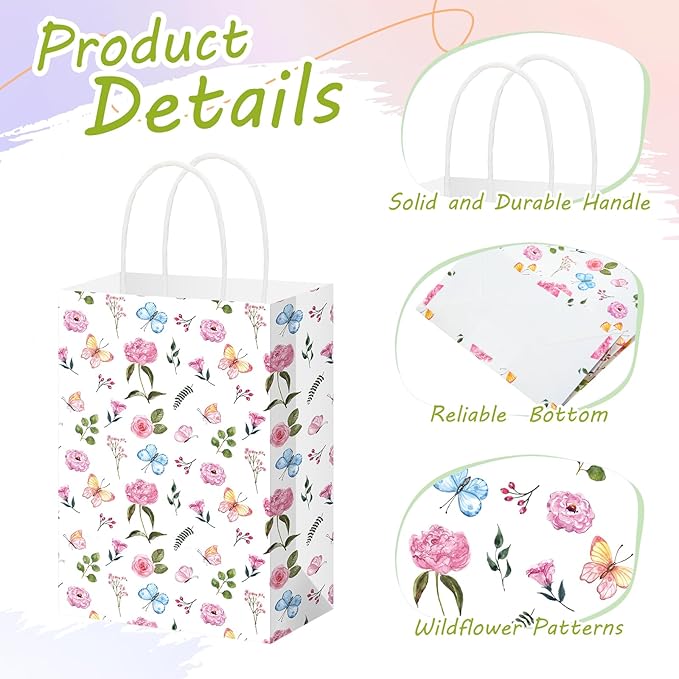 Gilprop 24 Pcs Wildflower Paper Gift Bags Spring Floral Candy Goodie Treat Bags Easter Flower Party Favor Bag with Handle for Mother's Day Birthday Party Bridal Shower Wedding Gift Wrapping Supplies
